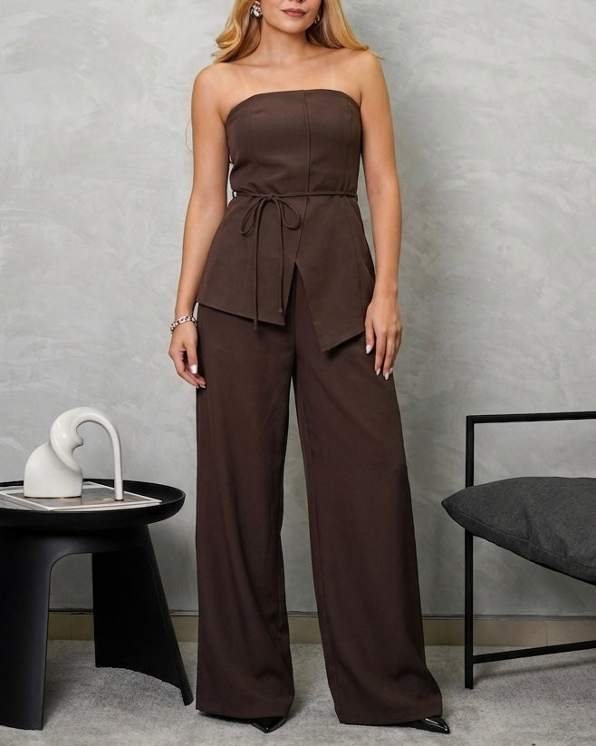 Conjunto de pantalón y blusa strapless con tira en la cintura