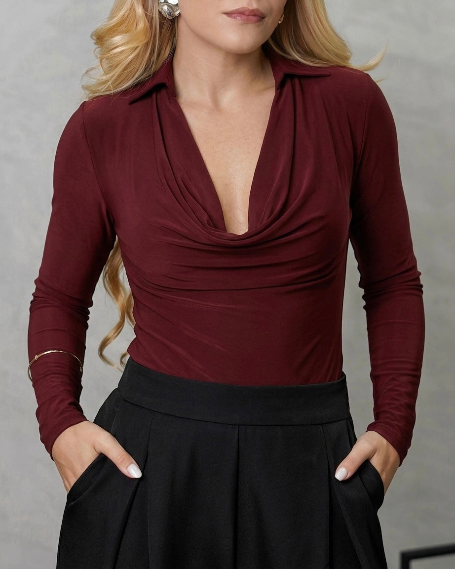 Body manga larga con cuello de camisa y escote bobo