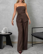 Conjunto de pantalón y blusa strapless con tira en la cintura