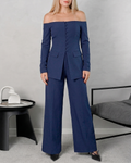 Conjunto de pantalón y blusa corte Bardot con botones frontales