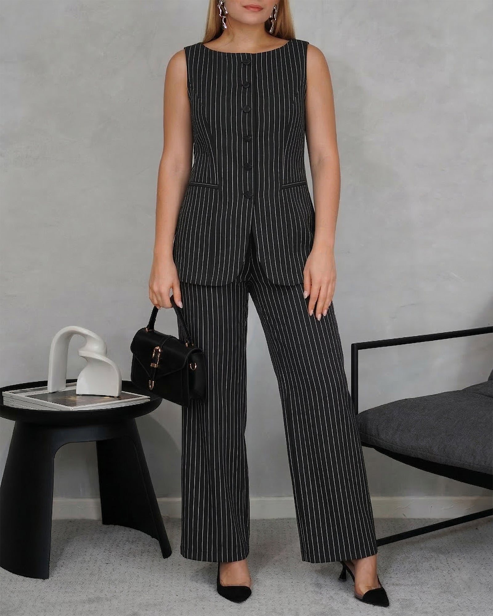 Conjunto de chaleco corte recto y pantalon ancho