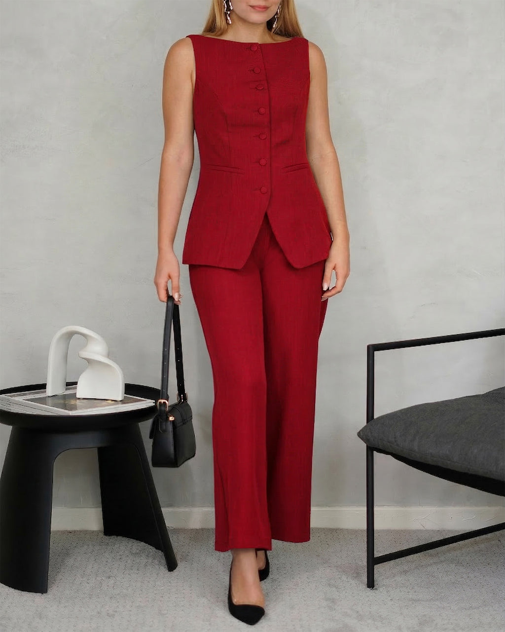 Conjunto de chaleco corte recto y pantalon ancho