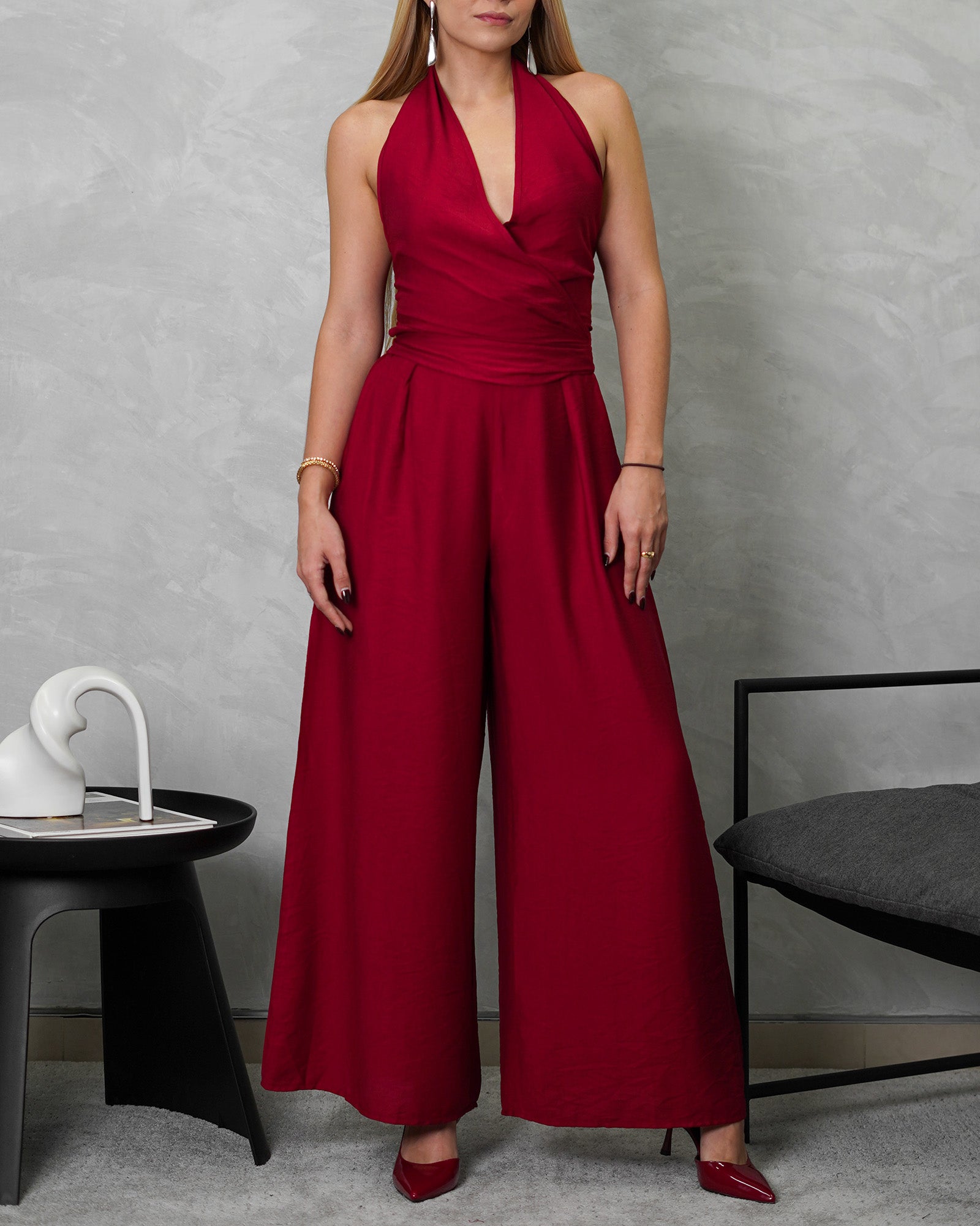 Conjunto de pantalón y blusa cuello V con nudo atrás